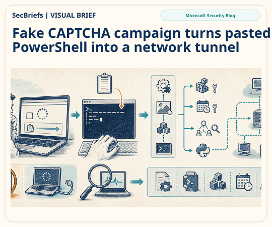SecBriefs homepage illustration for “Fake CAPTCHA campaign turns pasted PowerShell into a network tunnel”; source Microsoft Security Blog.