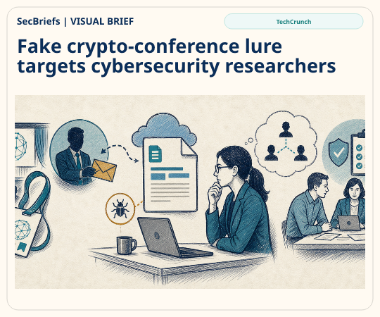 SecBriefs homepage illustration for “Fake crypto-conference lure targets cybersecurity researchers”; source TechCrunch.