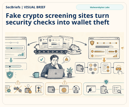 SecBriefs homepage illustration for “Fake crypto screening sites turn security checks into wallet theft”; source Malwarebytes Labs.