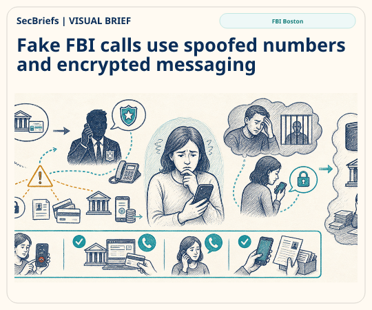 SecBriefs homepage illustration for “Fake FBI calls use spoofed numbers and encrypted messaging”; source FBI Boston.