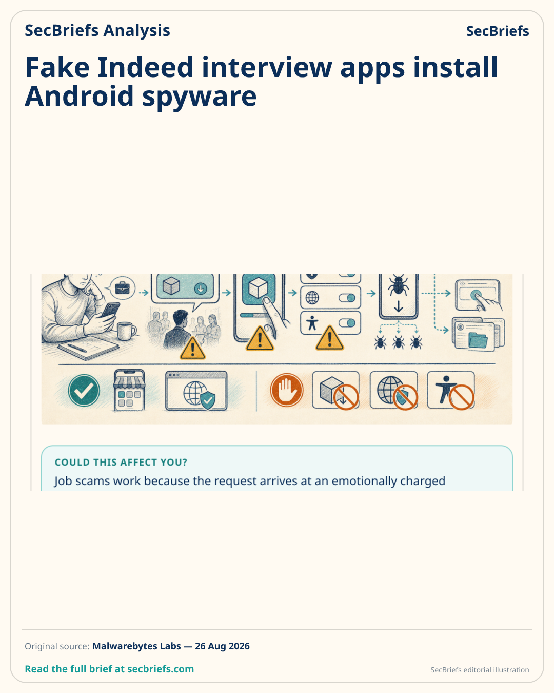 SecBriefs homepage illustration for “Fake Indeed interview apps install Android spyware”; source Malwarebytes Labs.