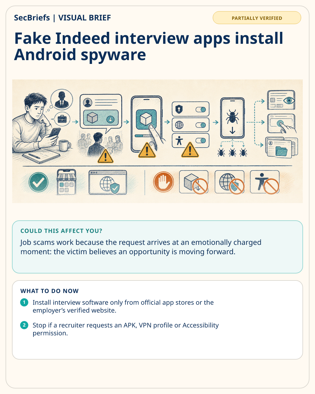 SecBriefs visual brief for Fake Indeed interview apps install Android spyware
