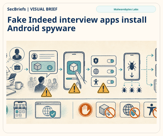 SecBriefs homepage illustration for “Fake Indeed interview apps install Android spyware”; source Malwarebytes Labs.