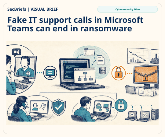 SecBriefs homepage illustration for “Fake IT support calls in Microsoft Teams can end in ransomware”; source Cybersecurity Dive.