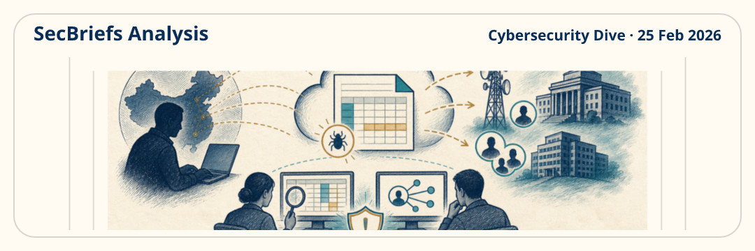SecBriefs Analysis illustration for “China-linked hackers reportedly breached telecoms and government agencies using Google Sheets”; source Cybersecurity Dive, 25 Feb 2026.