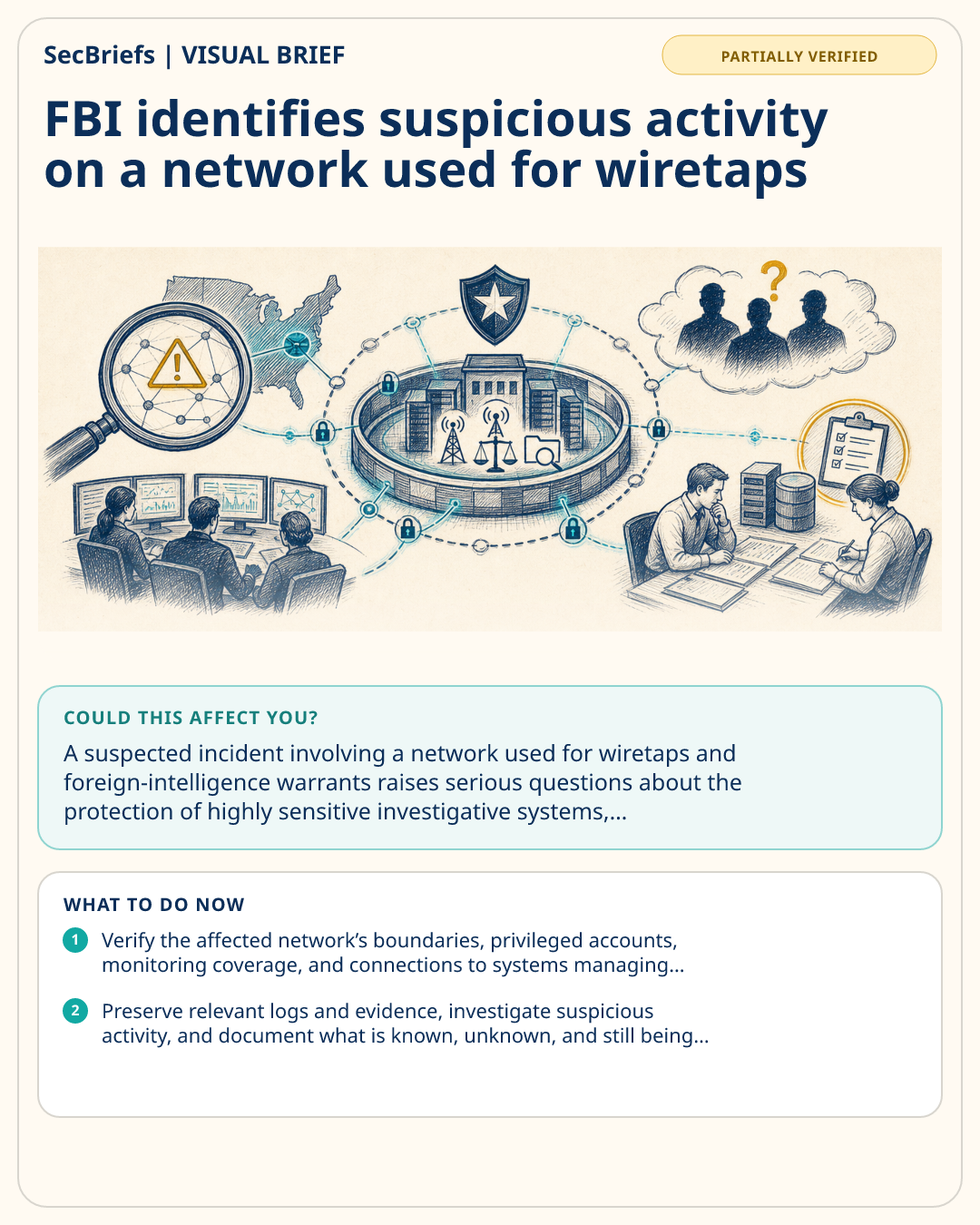 SecBriefs visual brief for FBI identifies suspicious activity on a network used for wiretaps