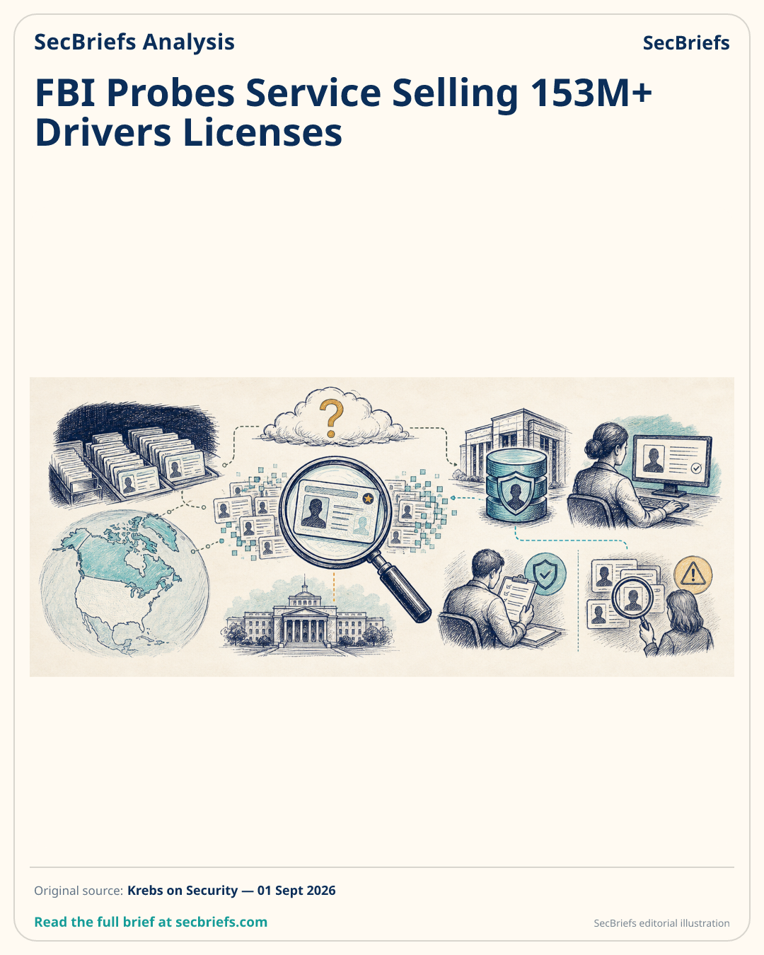 SecBriefs homepage illustration for “FBI Probes Service Selling 153M+ Drivers Licenses”; source Krebs on Security.