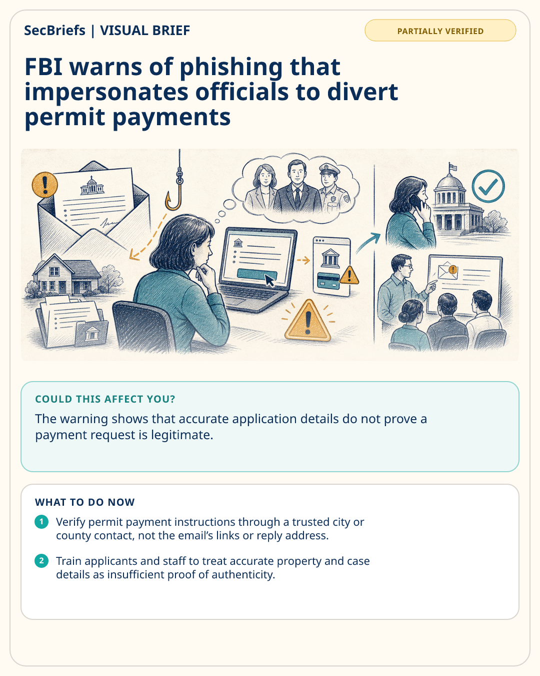 SecBriefs visual brief for FBI warns of phishing that impersonates officials to divert permit payments