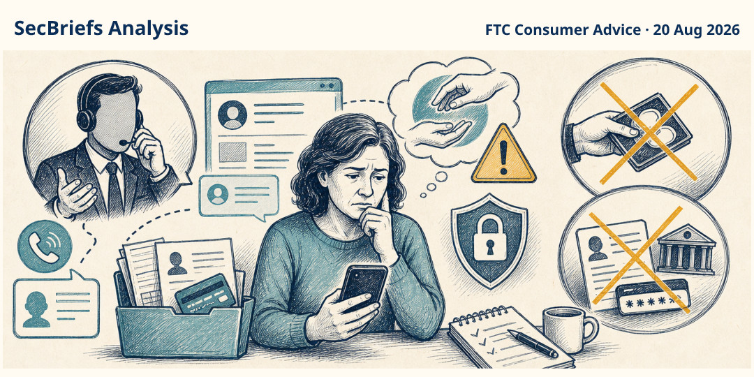 SecBriefs Analysis illustration for “Scammers target previous victims with false promises of recovery”; source FTC Consumer Advice, 20 Aug 2026.