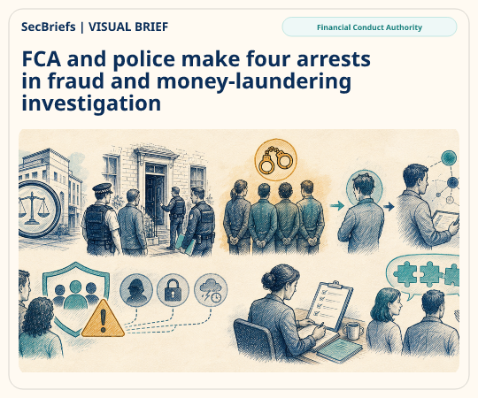 SecBriefs homepage illustration for “FCA and police make four arrests in fraud and money-laundering investigation”; source Financial Conduct Authority.