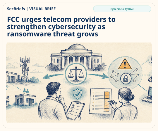SecBriefs homepage illustration for “FCC urges telecom providers to strengthen cybersecurity as ransomware threat grows”; source Cybersecurity Dive.