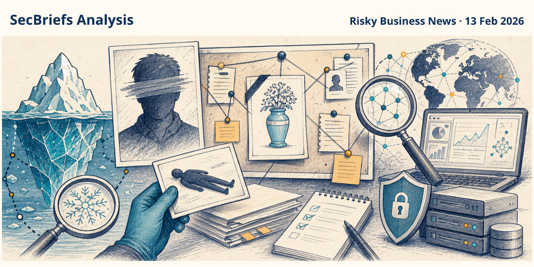 SecBriefs Analysis illustration for “Report: IcedID malware developer allegedly faked his own death to evade the FBI”; source Risky Business News, 13 Feb 2026.