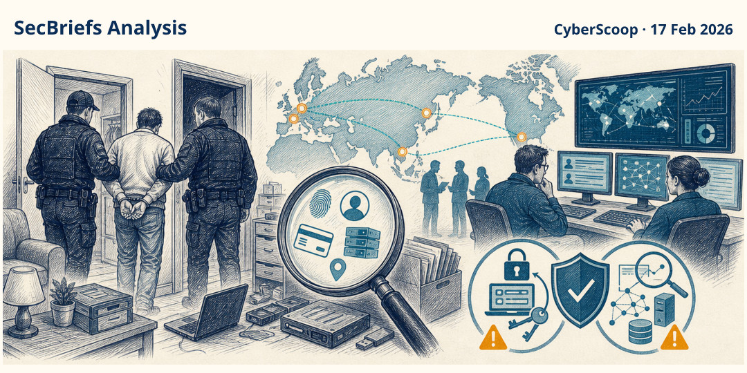 SecBriefs Analysis illustration for “Polish authorities arrest alleged Phobos ransomware affiliate”; source CyberScoop, 17 Feb 2026.