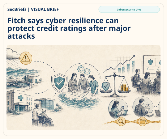 SecBriefs homepage illustration for “Fitch says cyber resilience can protect credit ratings after major attacks”; source Cybersecurity Dive.