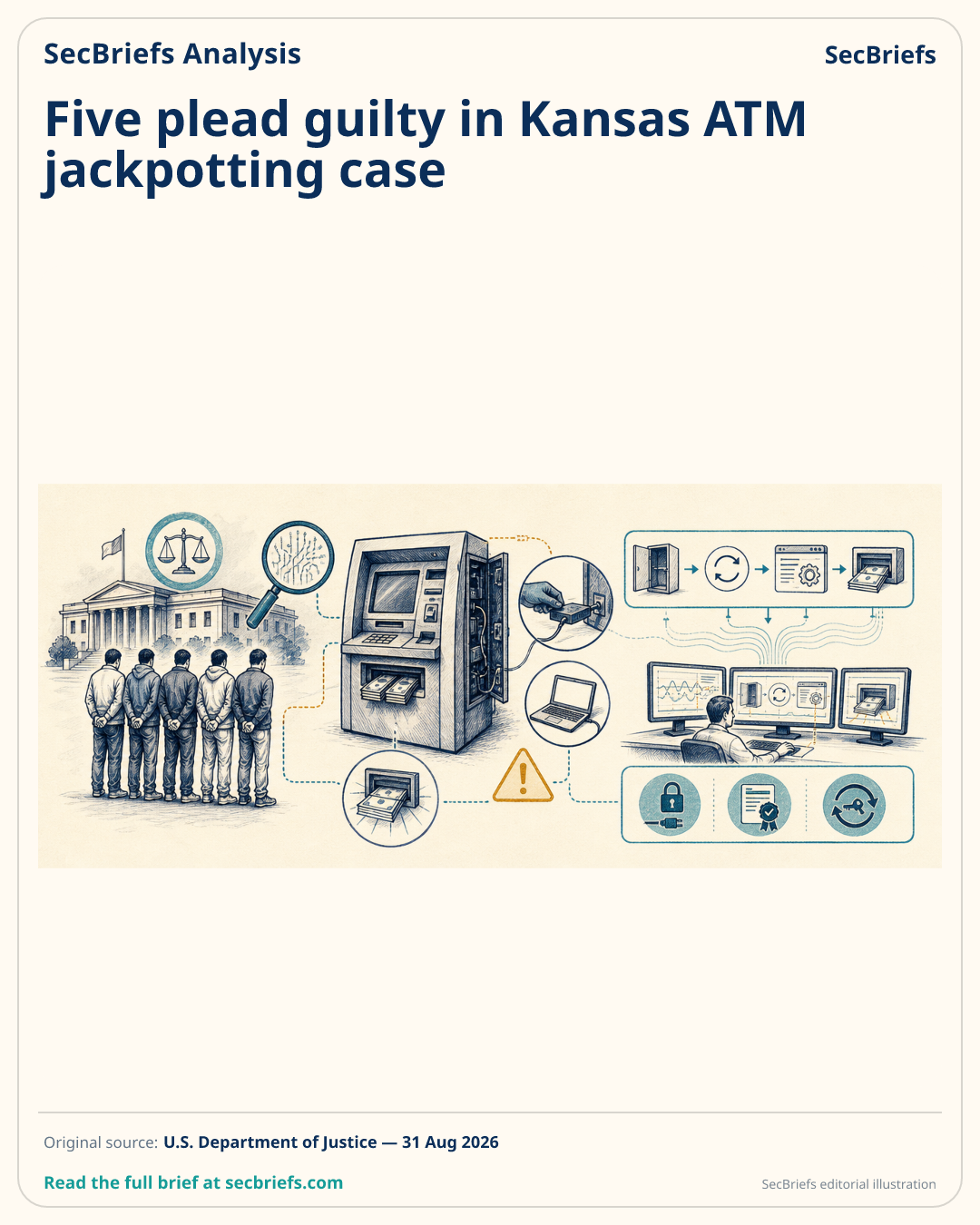 SecBriefs homepage illustration for “Five plead guilty in Kansas ATM jackpotting case”; source U.S. Department of Justice.