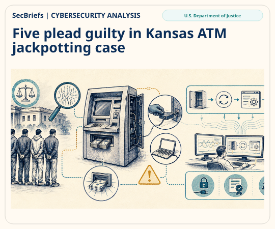 SecBriefs Cybersecurity Analysis illustration for “Five plead guilty in Kansas ATM jackpotting case”; source U.S. Department of Justice.