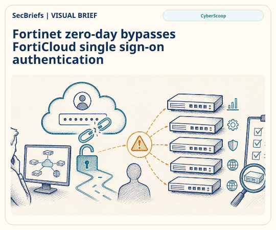 SecBriefs homepage illustration for “Fortinet zero-day bypasses FortiCloud single sign-on authentication”; source CyberScoop.