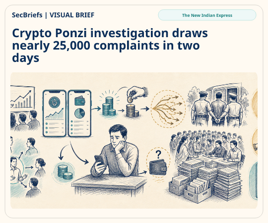 SecBriefs homepage illustration for “Crypto Ponzi investigation draws nearly 25,000 complaints in two days”; source The New Indian Express.