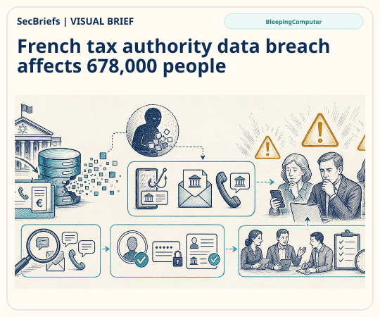 SecBriefs homepage illustration for “French tax authority data breach affects 678,000 people”; source BleepingComputer.