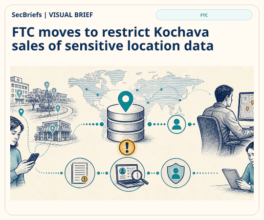 SecBriefs homepage illustration for “FTC moves to restrict Kochava sales of sensitive location data”; source FTC.