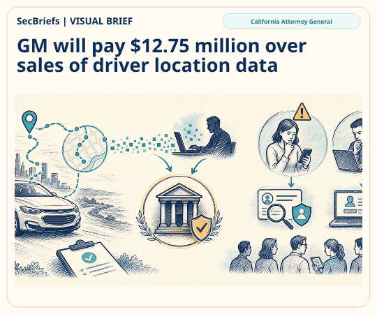 SecBriefs homepage illustration for “GM will pay $12.75 million over sales of driver location data”; source California Attorney General.