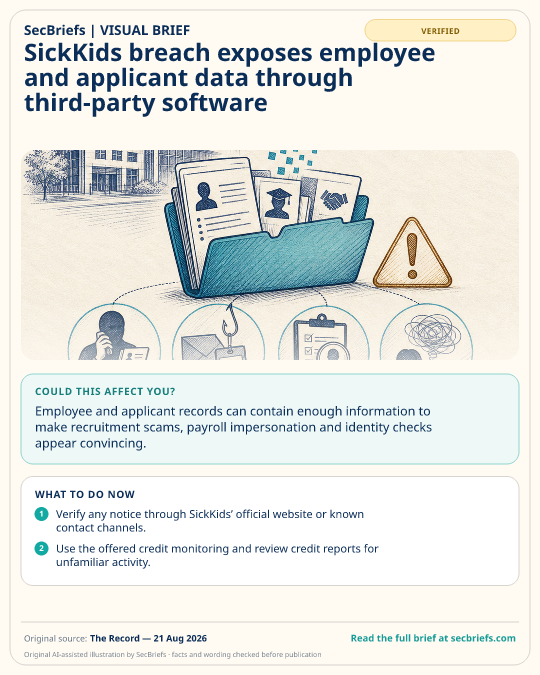SecBriefs visual brief for “SickKids breach exposes employee and applicant data through third-party software”; source The Record, 21 Aug 2026.