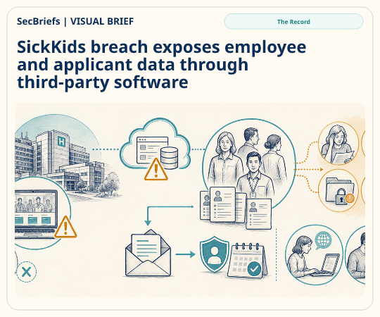 SecBriefs homepage illustration for “SickKids breach exposes employee and applicant data through third-party software”; source The Record.