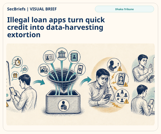 SecBriefs homepage illustration for “Illegal loan apps turn quick credit into data-harvesting extortion”; source Dhaka Tribune.