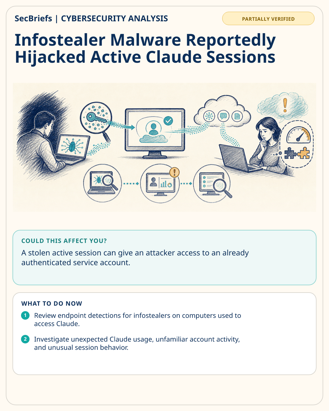 SecBriefs visual brief for Infostealer Malware Reportedly Hijacked Active Claude Sessions