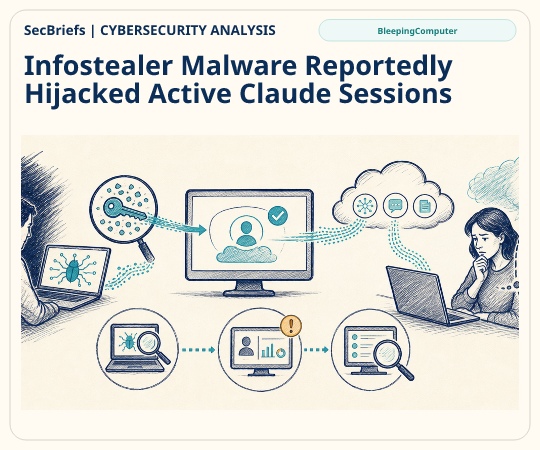 SecBriefs Cybersecurity Analysis illustration for “Infostealer Malware Reportedly Hijacked Active Claude Sessions”; source BleepingComputer.
