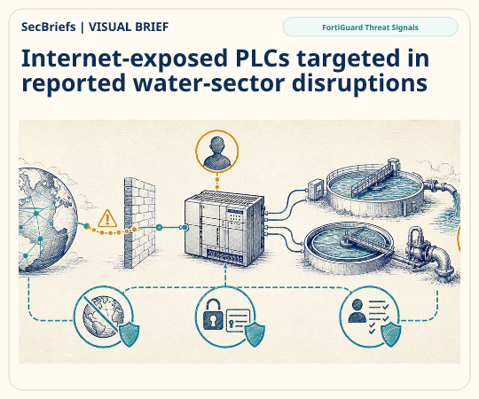 SecBriefs homepage illustration for “Internet-exposed PLCs targeted in reported water-sector disruptions”; source FortiGuard Threat Signals.