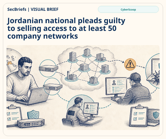 SecBriefs homepage illustration for “Jordanian national pleads guilty to selling access to at least 50 company networks”; source CyberScoop.