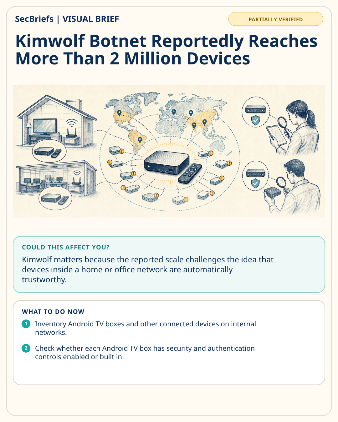 SecBriefs visual brief for Kimwolf Botnet Reportedly Reaches More Than 2 Million Devices