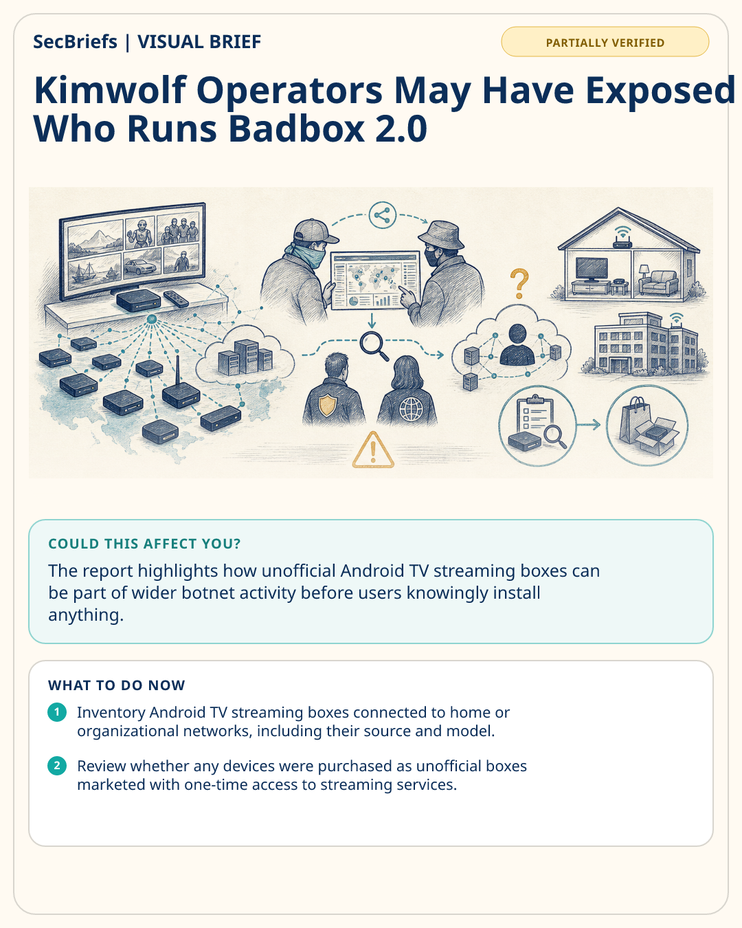 SecBriefs visual brief for Kimwolf Operators May Have Exposed Who Runs Badbox 2.0