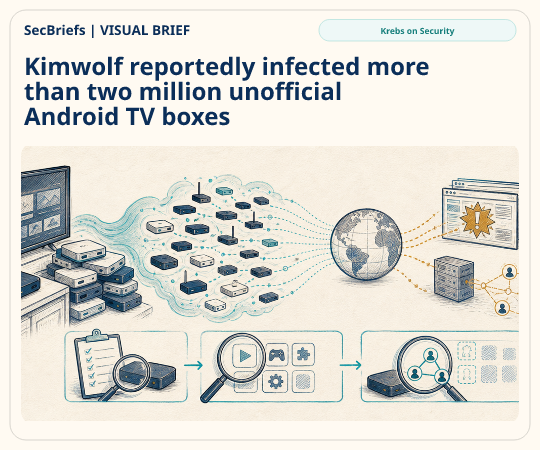 SecBriefs homepage illustration for “Kimwolf reportedly infected more than two million unofficial Android TV boxes”; source Krebs on Security.