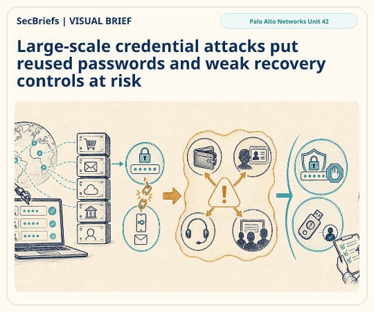 SecBriefs homepage illustration for “Large-scale credential attacks put reused passwords and weak recovery controls at risk”; source Palo Alto Networks Unit 42.