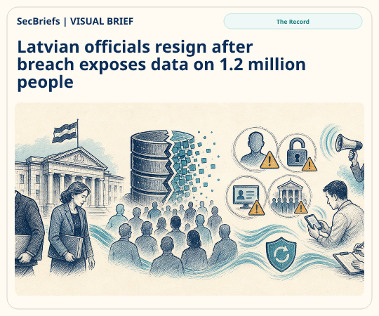 SecBriefs homepage illustration for “Latvian officials resign after breach exposes data on 1.2 million people”; source The Record.