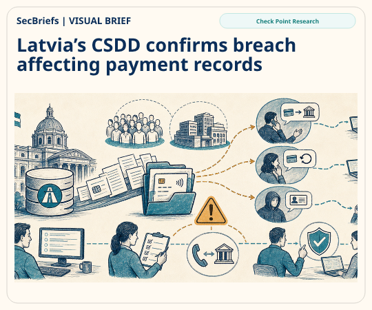 SecBriefs homepage illustration for “Latvia’s CSDD confirms breach affecting payment records”; source Check Point Research.