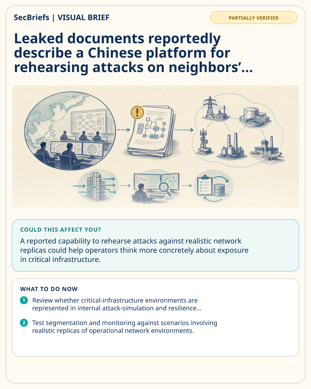 SecBriefs visual brief for Leaked documents reportedly describe a Chinese platform for rehearsing attacks on neighbors’ critical infrastructure