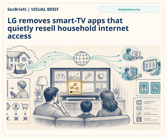 SecBriefs homepage illustration for “LG removes smart-TV apps that quietly resell household internet access”; source KrebsOnSecurity.