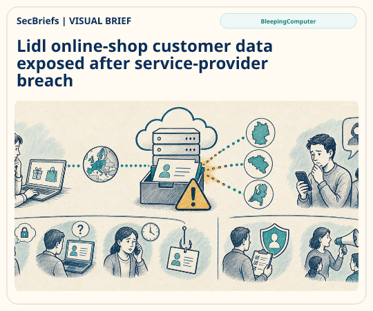 SecBriefs homepage illustration for “Lidl online-shop customer data exposed after service-provider breach”; source BleepingComputer.