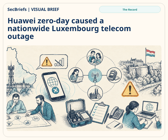 SecBriefs homepage illustration for “Huawei zero-day caused a nationwide Luxembourg telecom outage”; source The Record.