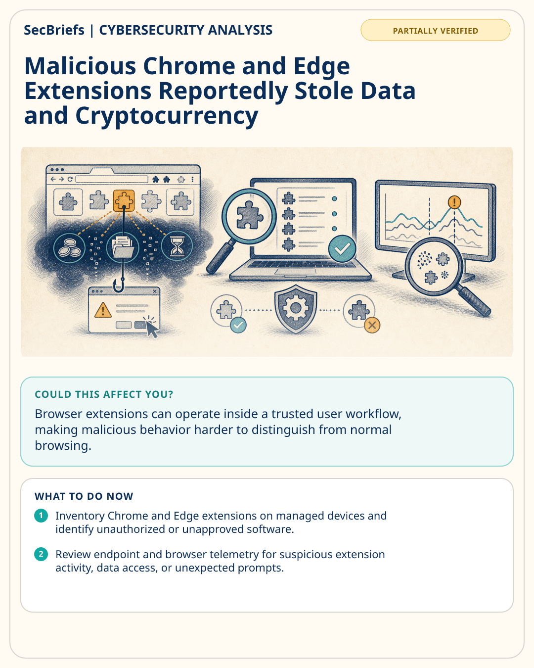 SecBriefs visual brief for Malicious Chrome and Edge Extensions Reportedly Stole Data and Cryptocurrency