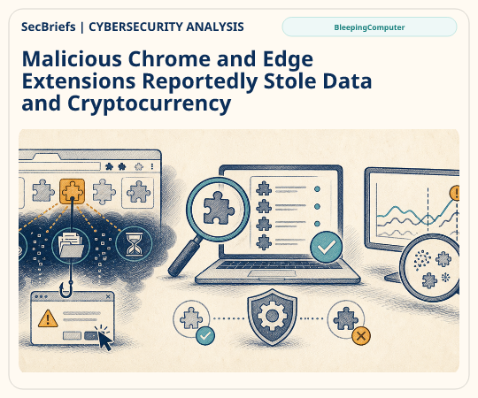 SecBriefs Cybersecurity Analysis illustration for “Malicious Chrome and Edge Extensions Reportedly Stole Data and Cryptocurrency”; source BleepingComputer.