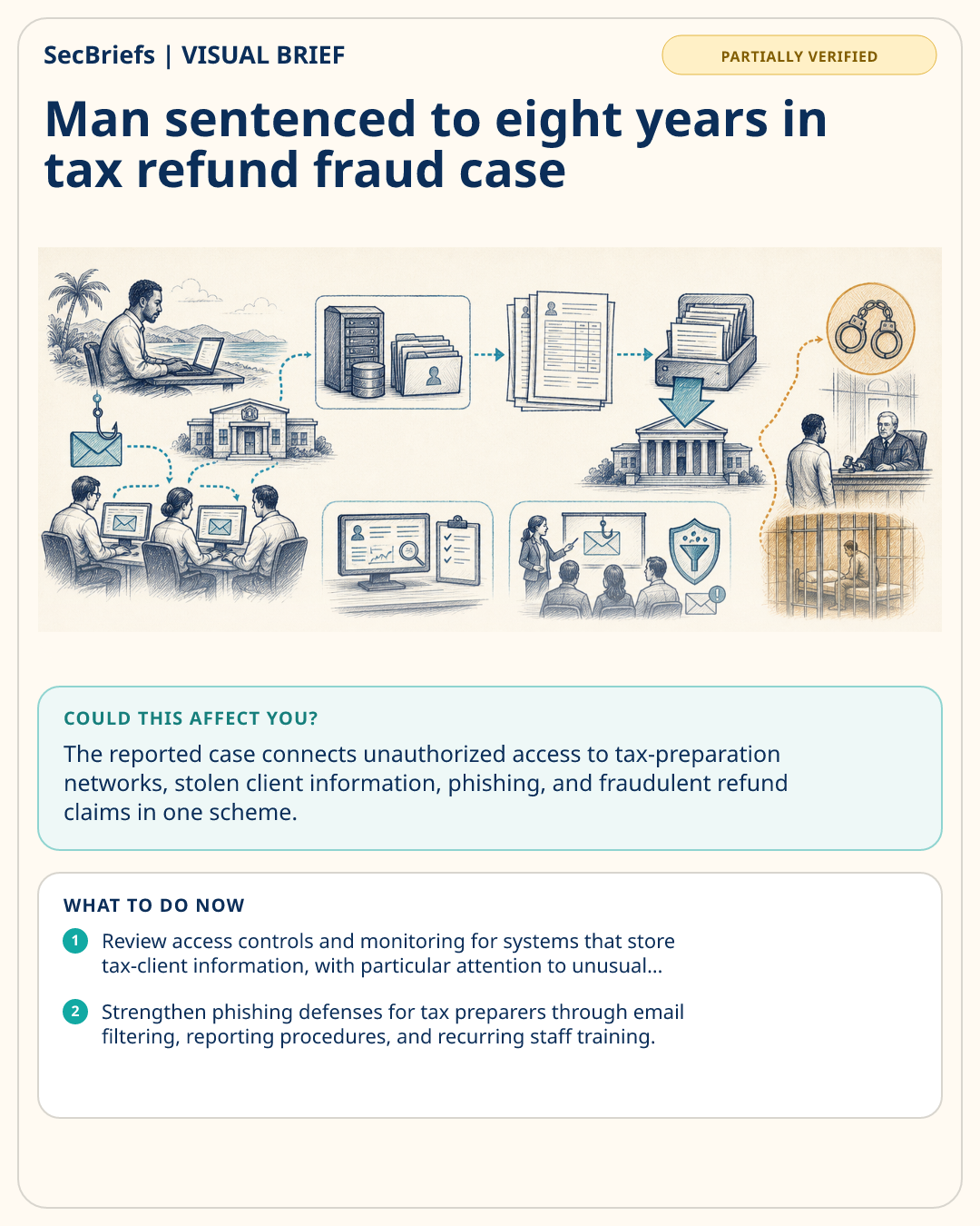 SecBriefs visual brief for Man sentenced to eight years in tax refund fraud case