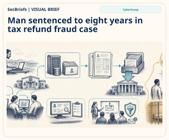 SecBriefs homepage illustration for “Man sentenced to eight years in tax refund fraud case”; source CyberScoop.