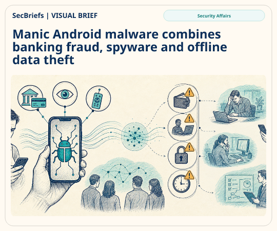 SecBriefs homepage illustration for “Manic Android malware combines banking fraud, spyware and offline data theft”; source Security Affairs.