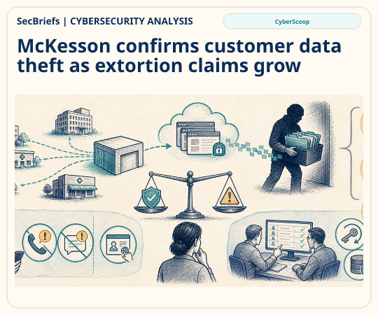 SecBriefs Cybersecurity Analysis illustration for “McKesson confirms customer data theft as extortion claims grow”; source CyberScoop.