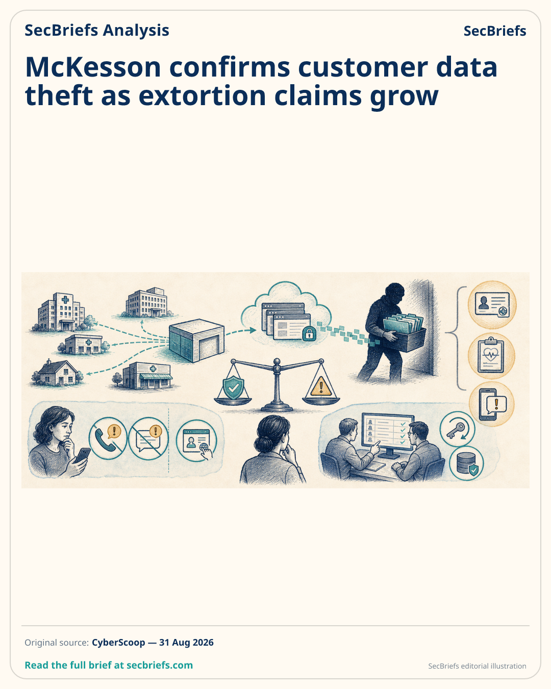 SecBriefs homepage illustration for “McKesson confirms customer data theft as extortion claims grow”; source CyberScoop.