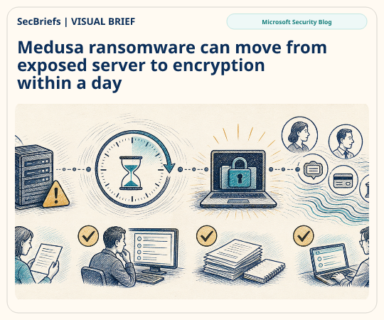 SecBriefs homepage illustration for “Medusa ransomware can move from exposed server to encryption within a day”; source Microsoft Security Blog.
